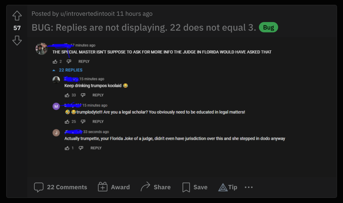 Reddit Post: BUG: Replies are not displaying. 22 does not equal 3.